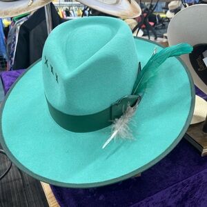 Teal Wide Brim Hat with Feather Accent